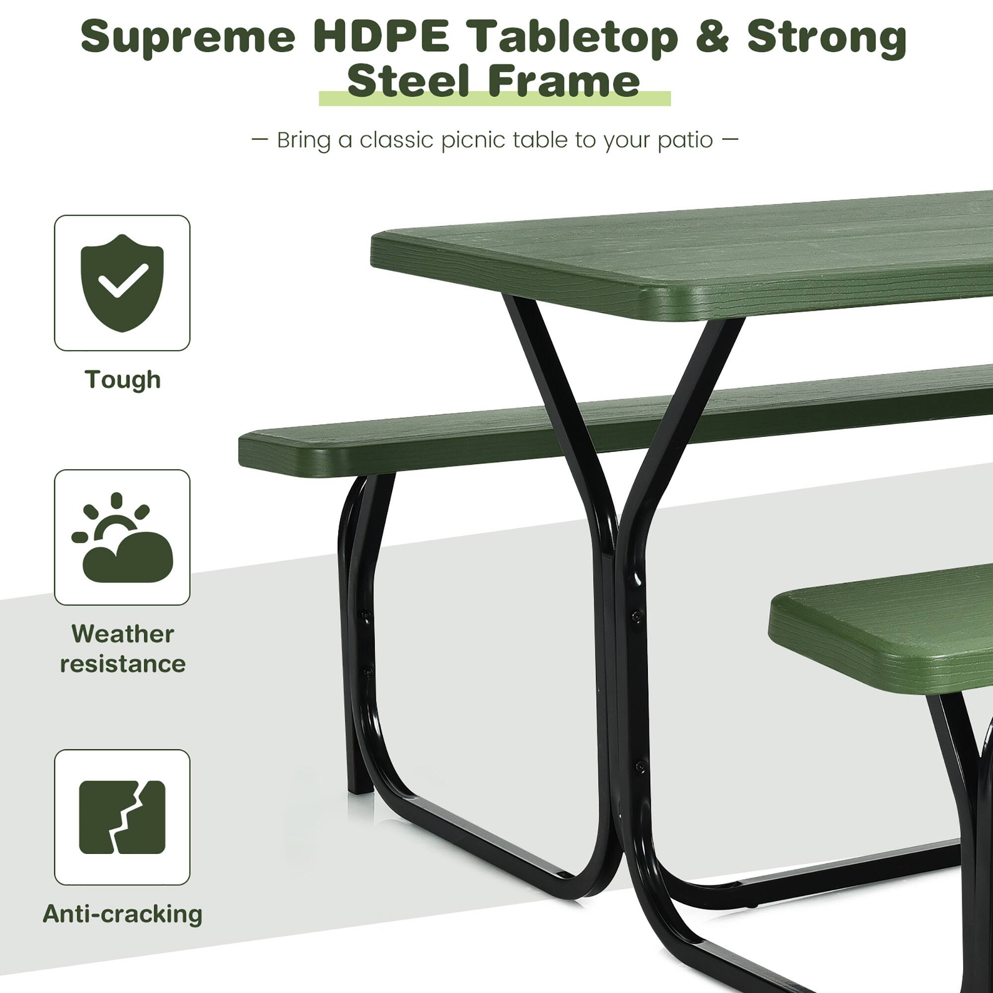 Supreme HDPE Tabletop & Strong Steel Frame

- Bring a classic picnic table to your patio

- Tough
- Weather resistance
- Anti-cracking