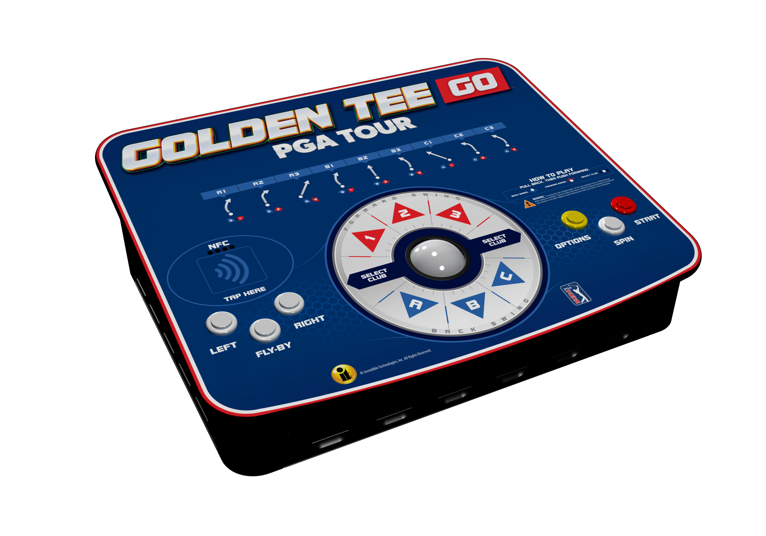 Golden Tee Tour is a PGA game that allows players to play golf on their mobile device. The game features a spinning wheel that allows players to select various options, such as club selection, swing, and fly-by. The image shows the game's interface, which includes a spinning wheel and buttons for selecting different options. The game is designed to be played on a mobile device, providing an interactive and engaging golfing experience for players.