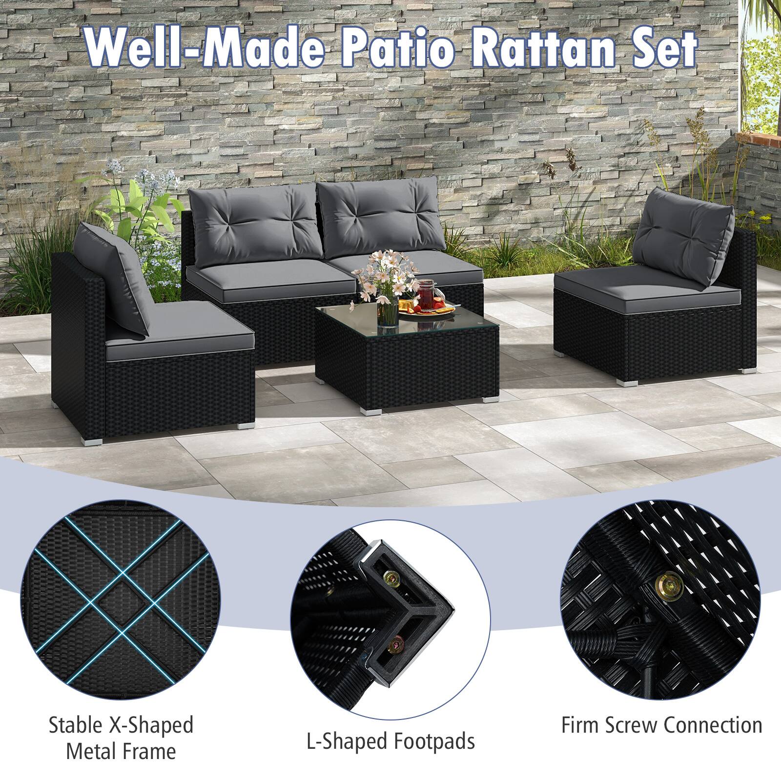 Well-Made Patio Rattan Set
Stable X-Shaped Metal Frame
L-Shaped Footpads
Firm Screw Connection