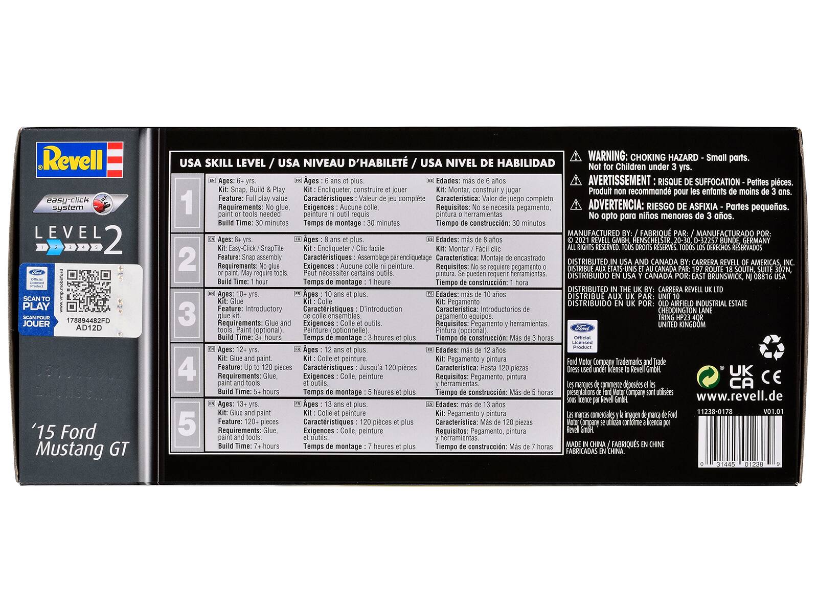**Revell easy-click system**

**LEVEL 2**

**'15 Ford Mustang GT**

**PLAY JOUER**

**USA SKILL LEVEL / USA NIVEAU D'HABILITÉ / USA NIVEL DE HABILIDAD**

**1**  
Ages: 6 yrs.  
Feature: Full play value  
Requirements: No paint or tools needed  
Build Time: 30 minutes  

**2**  
Ages: 8 yrs.  
Kit: Easy-click / Encliqueter / Montar  
Feature: Snap assembly  
Requirements: No glue or paint. May require paint.  
Build Time: 1 hour  

**3**  
Ages: 10 yrs.  
Kit: Encliqueter / Montar  
Feature: Introduction  
Requirements: Glue and paint.  
Build Time: 3+ hours  

**4**  
Ages: 12 yrs.  
Kit: Glue and paint.  
Feature: Up to 120 pieces  
Requirements: Glue, paint and tools.  
Build Time: 5+ hours  

**5**  
Ages: 13 yrs.  
Kit: Glue and paint.  
Feature: 120 pieces
