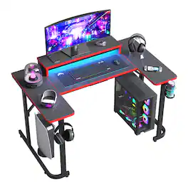 Bestier - 51-inch U-Shaped Gaming Desk with LED Lights, Monitor Stand, Hooks and Cup Holder - Black Carbon Fiber
