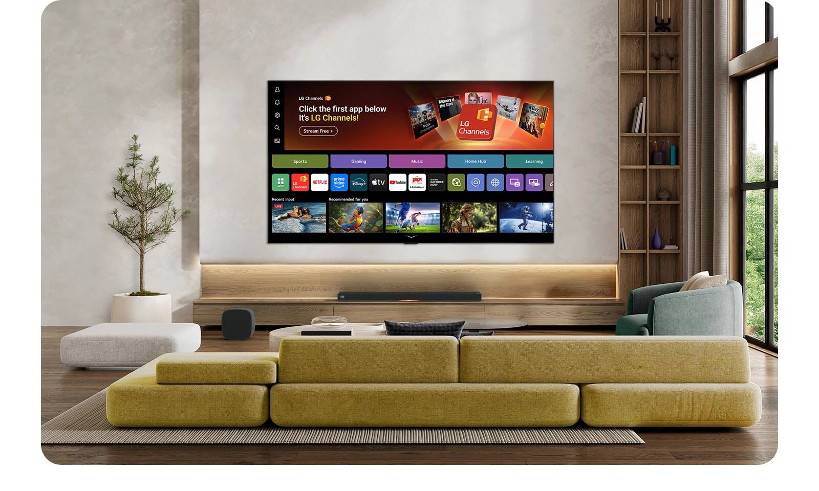 LG Channels  
Click the first app below  
It's LG Channels!  
Stream Free  

Munory The ditams SCOKONA  
LG Channels  
Day  
Sports  
Gaming  
Music  
Home Hub  
Learning  
MONCE  
prime LO NETFLIX video Disney CROWNES  
tv  

GEVERGE now ..  
Recent Inpus  
Recommended for you