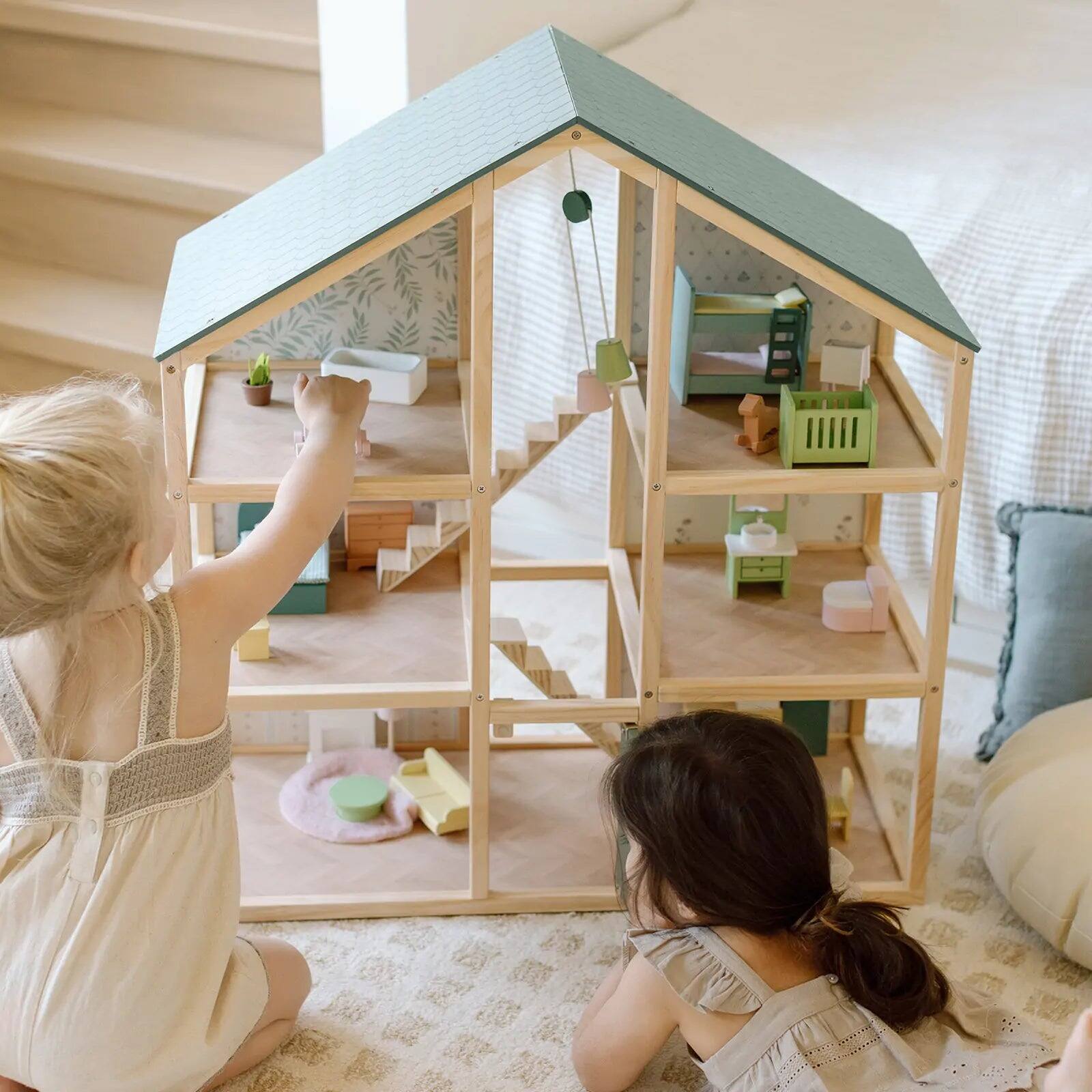 Alt View 4. Tiny Land - 3-Story Wooden Dollhouse with 6 Rooms, 31-Piece Furniture Set, Open-Back Design, Dolls Not Included - Green.