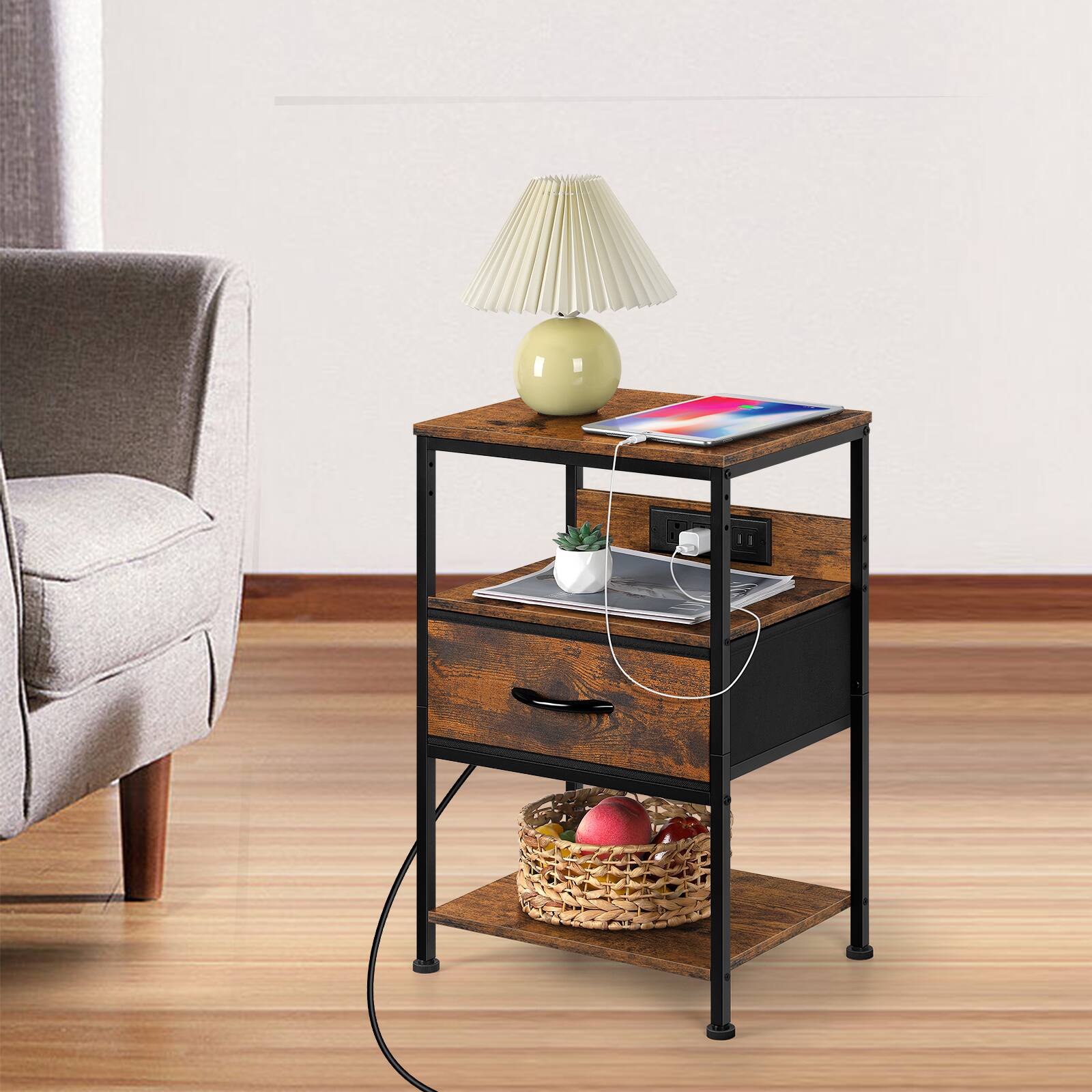 Alt View 1. Oumilen - Set of 2 Rustic Brown Nightstands with Charging Station – Industrial End Table with 1 Fabric Drawer & Open Shelf, AC/USB - Brown.