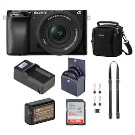 Bundle - Sony - Alpha a6100 Mirrorless Digital Camera, with 16-50mm Lens (Black) with Neck Strap, Battery, Charger, and
