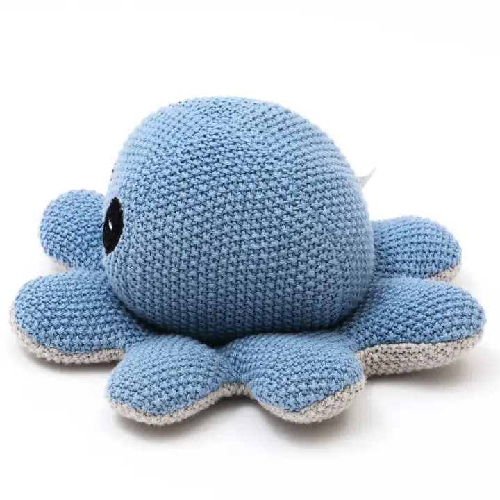 Siljoy - Knitted Baby Octopus Teether Toy, 17x8 cm, 100% Cotton Filling, Polyester, Safe for Infants - Blue