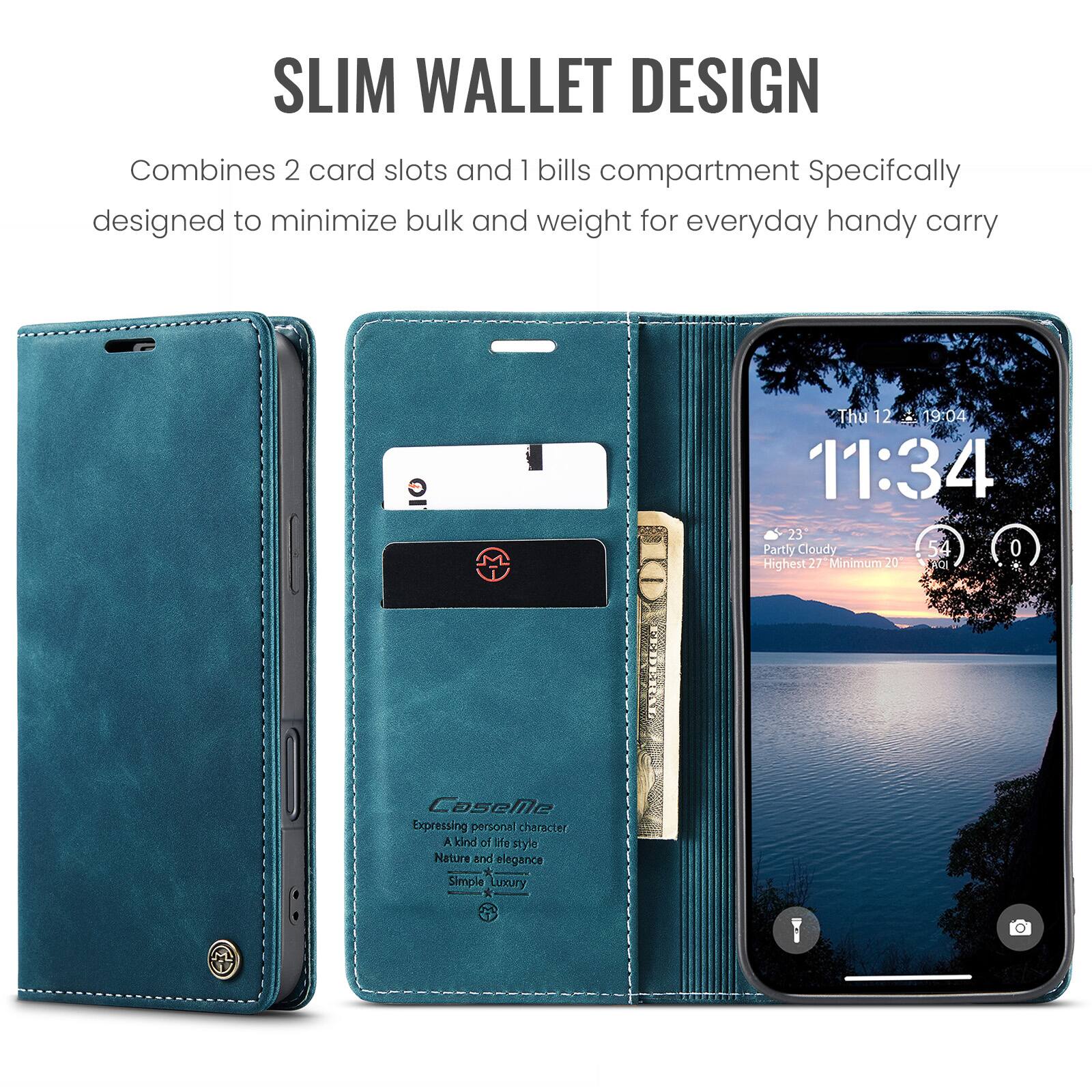SLIM WALLET DESIGN  
Combines 2 card slots and 1 bills compartment. Specifically designed to minimize bulk and weight for everyday handy carry.

Thu 12 | 19:04  
11:34  
23  
Partly Cloudy  
54°  
Highest 27°  
Minimum 20°  
CAQUI

CaseMe  
Expressing personal character  
A kind of lifestyle  
Nature and elegance  
Simple Luxury