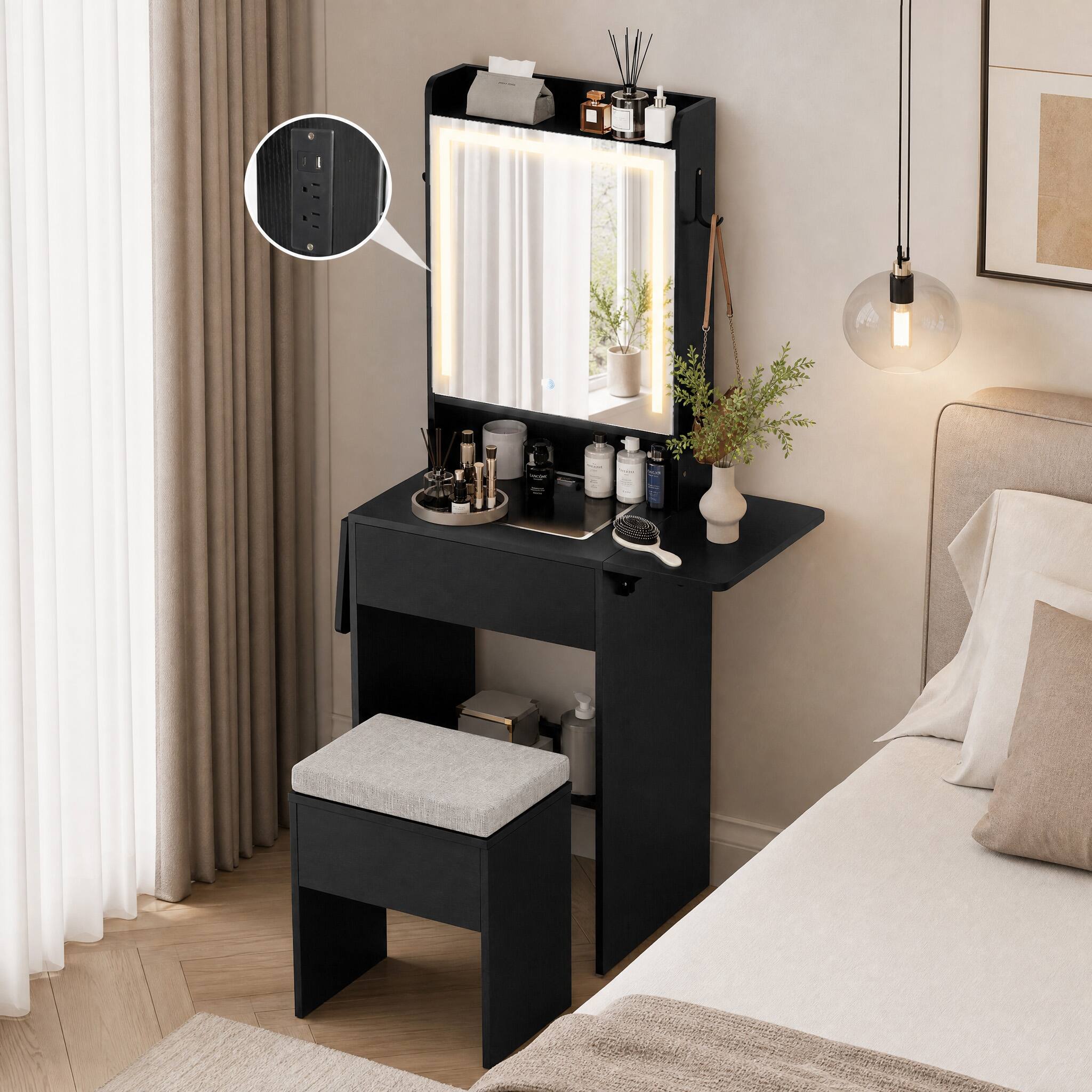Angle. WELLFOR - Foldable Drop Leaf Makeup Vanity Desk with 3 Color LED Mirror & Charging Hub, Vanity Desk Set with Cushioned Stool - Black.
