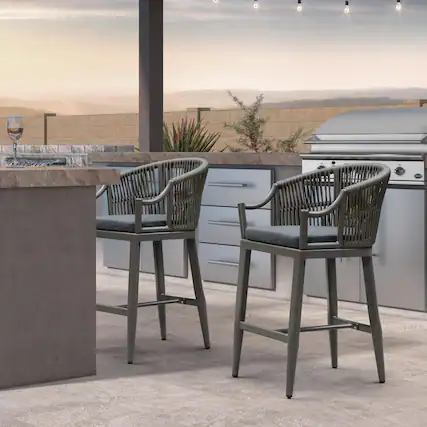 Front. PURPLE LEAF - Patio Counter Height Set of 2 Outdoor Rattan Chairs with Back Modern Aluminum Woven Barstools for Garden Indoor Kitchen - Smoke Grey-Counter Stool.