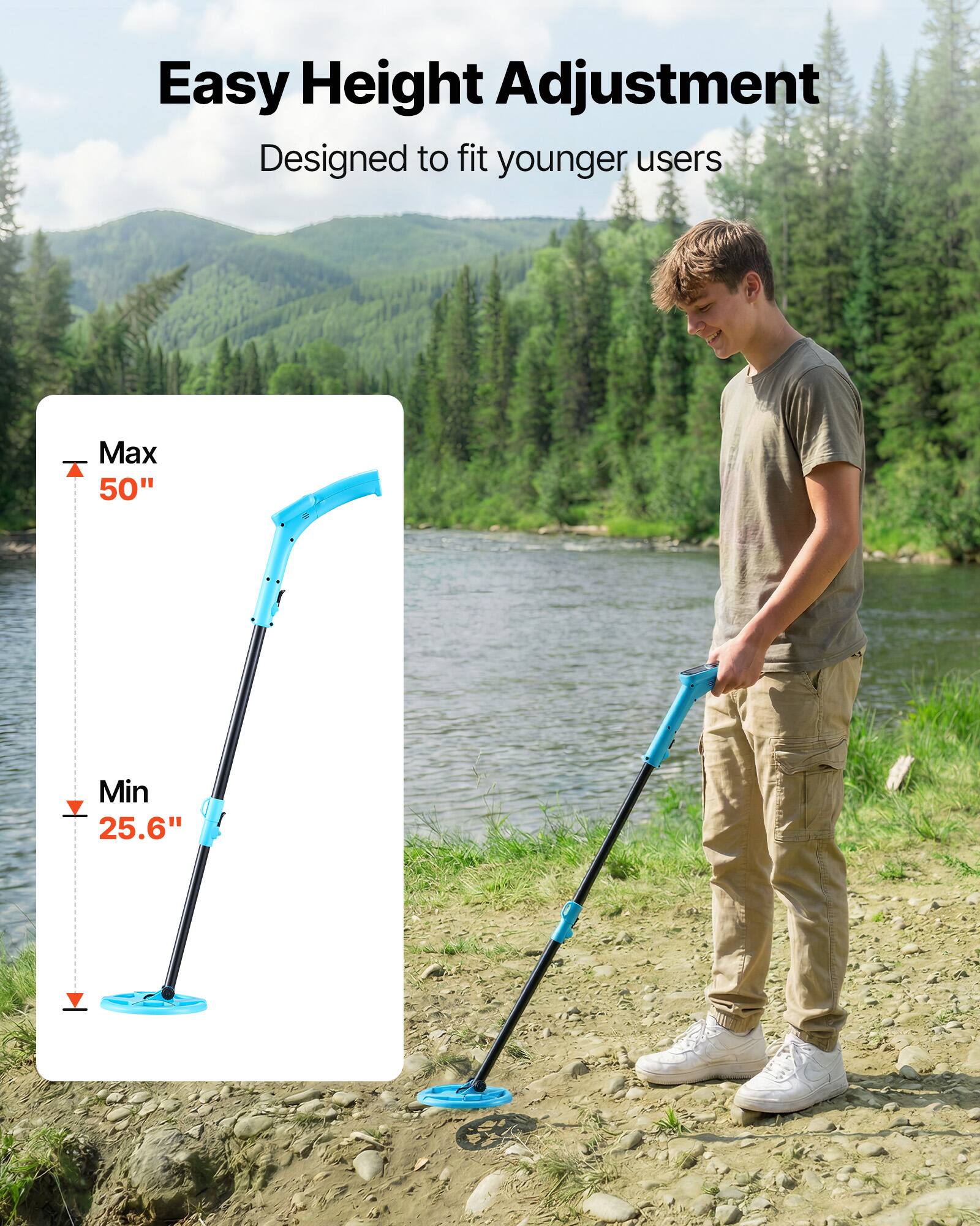 Easy Height Adjustment  
Designed to fit younger users  
Max 50"  
Min 25.6"