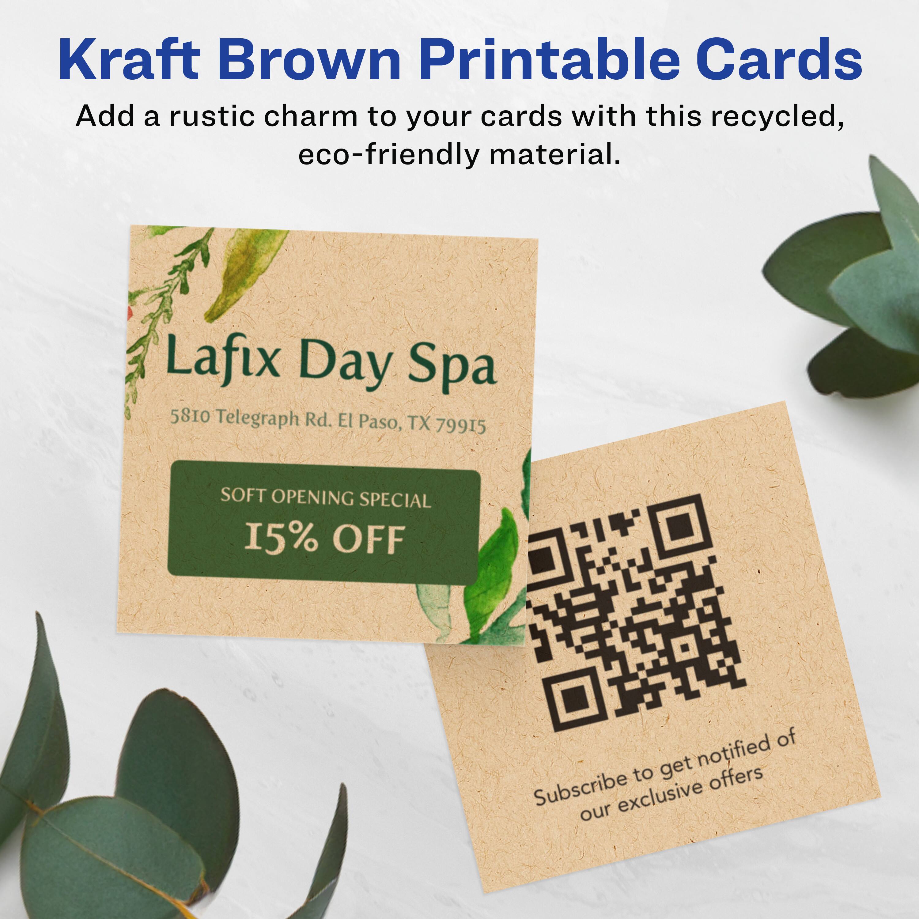 Kraft Brown Printable Cards

Add a rustic charm to your cards with this recycled, eco-friendly material.

Lafix Day Spa  
5810 Telegraph Rd. El Paso, TX 79915

SOFT OPENING SPECIAL  
15% OFF

Subscribe to get notified of our exclusive offers