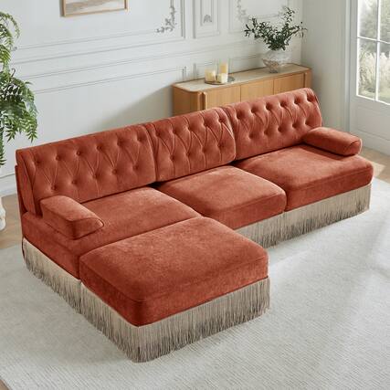 Front. Anysun - 3-Seat Velvet Modular Sectional - Cloud Design, Tassel Skirt, Button Tufted, Foam Cushions & Wood Base for Living Room - Red.