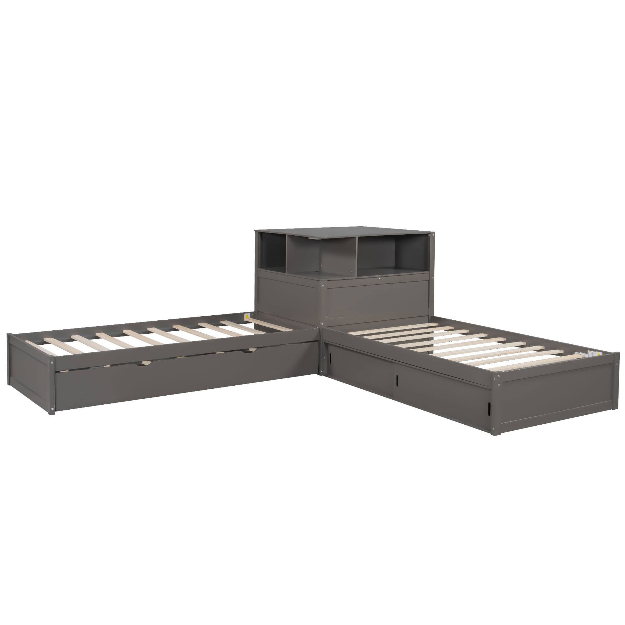 Alt View 2. Whisen - L-Shaped Twin Platform Bed with Trundle, Built-in Desk, Storage Cabinets & LED Lights, Wood Frame - Gray.