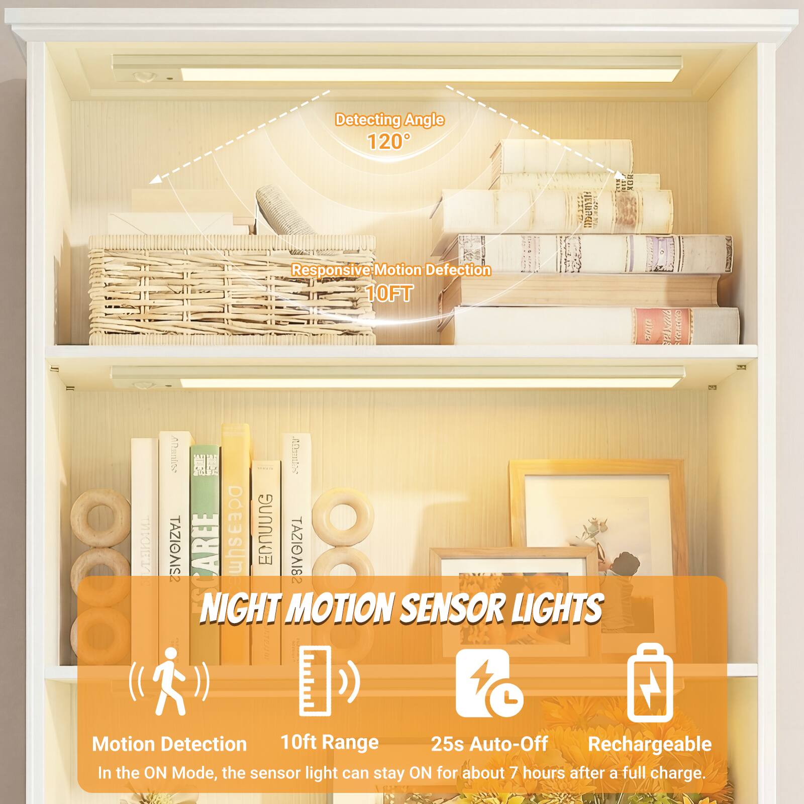 Detecting Angle 120°  
Responsive Motion Deflection 10FT  
NIGHT MOTION SENSOR LIGHTS  
Motion Detection 10ft Range 25s Auto-Off Rechargeable  
In the ON Mode, the sensor light can stay ON for about 7 hours after a full charge.
