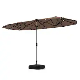 Costway - 13FT Double-sided Patio Umbrella with Solar Lights Crank Handle Umbrella Base - Tan