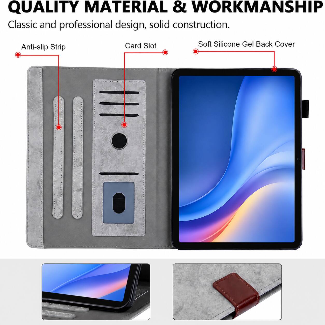 QUALITY MATERIAL & WORKMANSHIP

Classic and professional design, solid construction.

- Anti-slip Strip
- Card Slot
- Soft Silicone Gel Back Cover