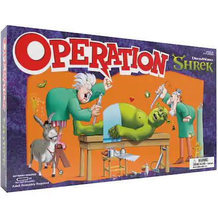Operation Dreamworks Shrek Players Ages 8+ Warning: Small Parts. Not for Children Under 3 Years. Requires 2 AAA Batteries (Not Included). Adult Assembly Required.