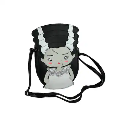 Front. Things2Die4 - Adorable Sleepyville Critters Bride of Frankenstein Crossbody Purse - Black.