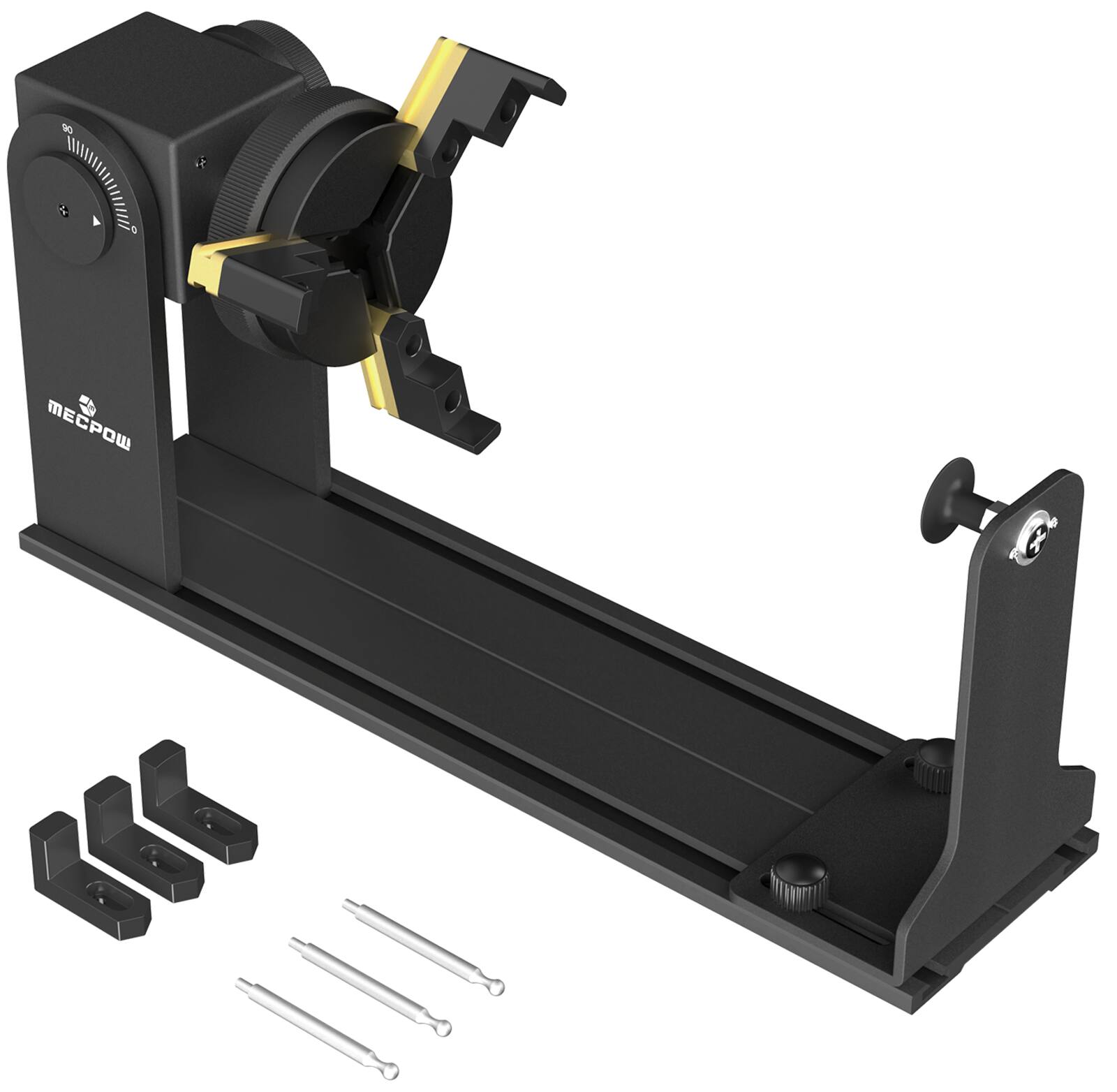 Left. Mecpow - G5 Rotary Roller Module with Versatile Jaws, 90°Angle Adjustment, 360° Rotary Chunk Kit for Laser Engravers.