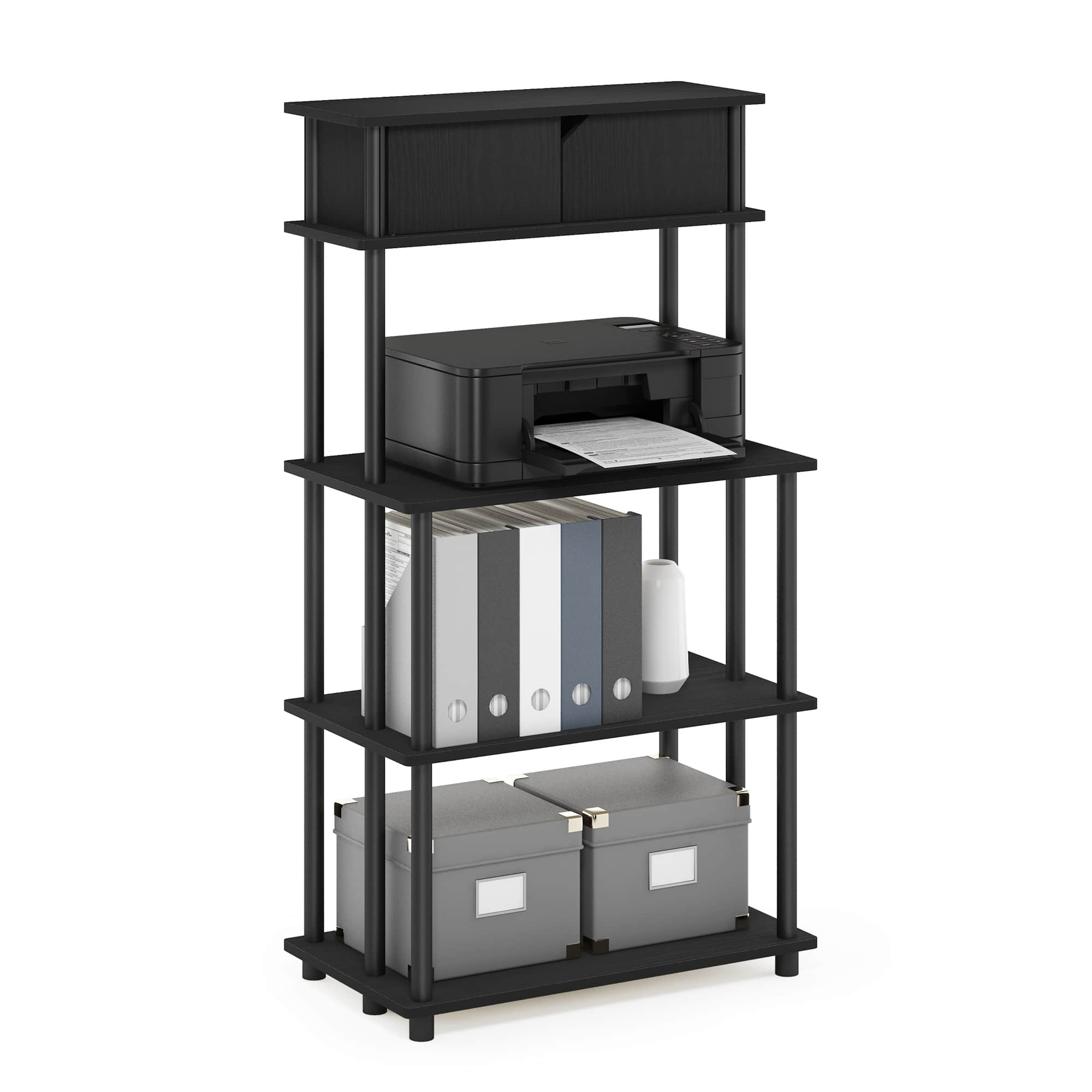 Furinno - TURN-N-TUBE Printer Stand, 5-Tier Printer Stand with Storage Shelf and Closed Cabinet, for Home Office - Dark Americano/Black