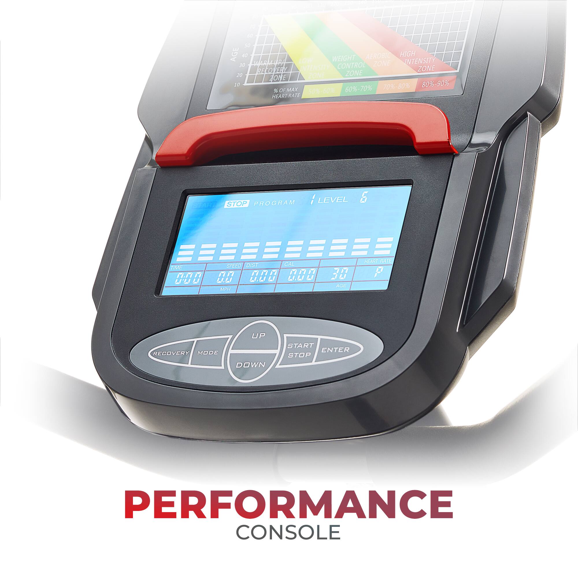 AGE, AEROBIC, WEIGHT, INTENSITY, ZONE, HEARTRATE, STOP, PROGRAM, LEVEL, UP, DOWN, START, ENTER, PERFORMANCE, CONSOLE