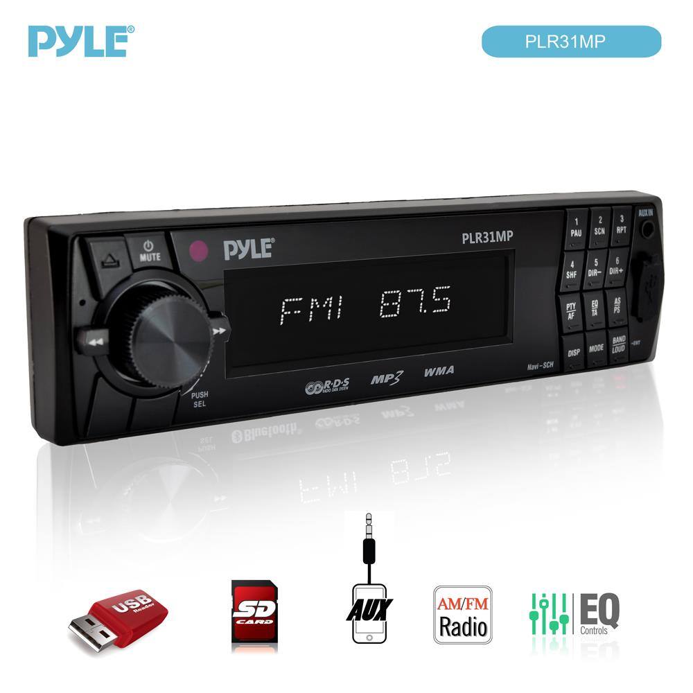 PYLE PLR31MP

- MUTE
- PAU
- SCN
- RPT
- DIR
- SHF
- FMI
- PTY
- PS
- BAND
- DSP
- MODE
- LU
- Navi-SCN
- WMA
- MP3
- RDS
- MP
- PUSH
- SEL
- AM/FM Radio
- EQ Controls

- USB
- SD CARD
- AUX
- Bluetooth
- Beadear

PLR31MP