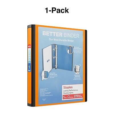 1-Pack  
BETTER BINDER  
Our Most Durable Binder  

Staples  
Lasting Performance,  
Flexible Spine  
1 Pack - 275 Staples