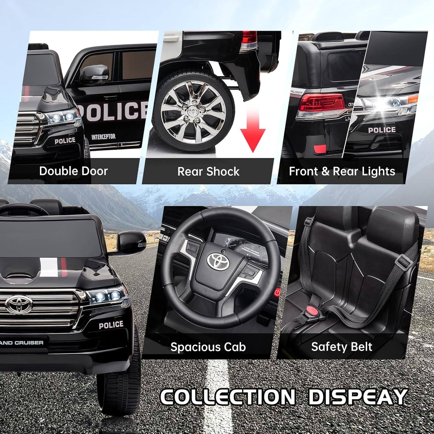 OLICE INTERCEPTOR POLICE POLICE Double Door Rear Shock Front & Rear Lights d POLICE ND CRUISER Spacious Cab Safety Belt COLLECTION DISPLAY