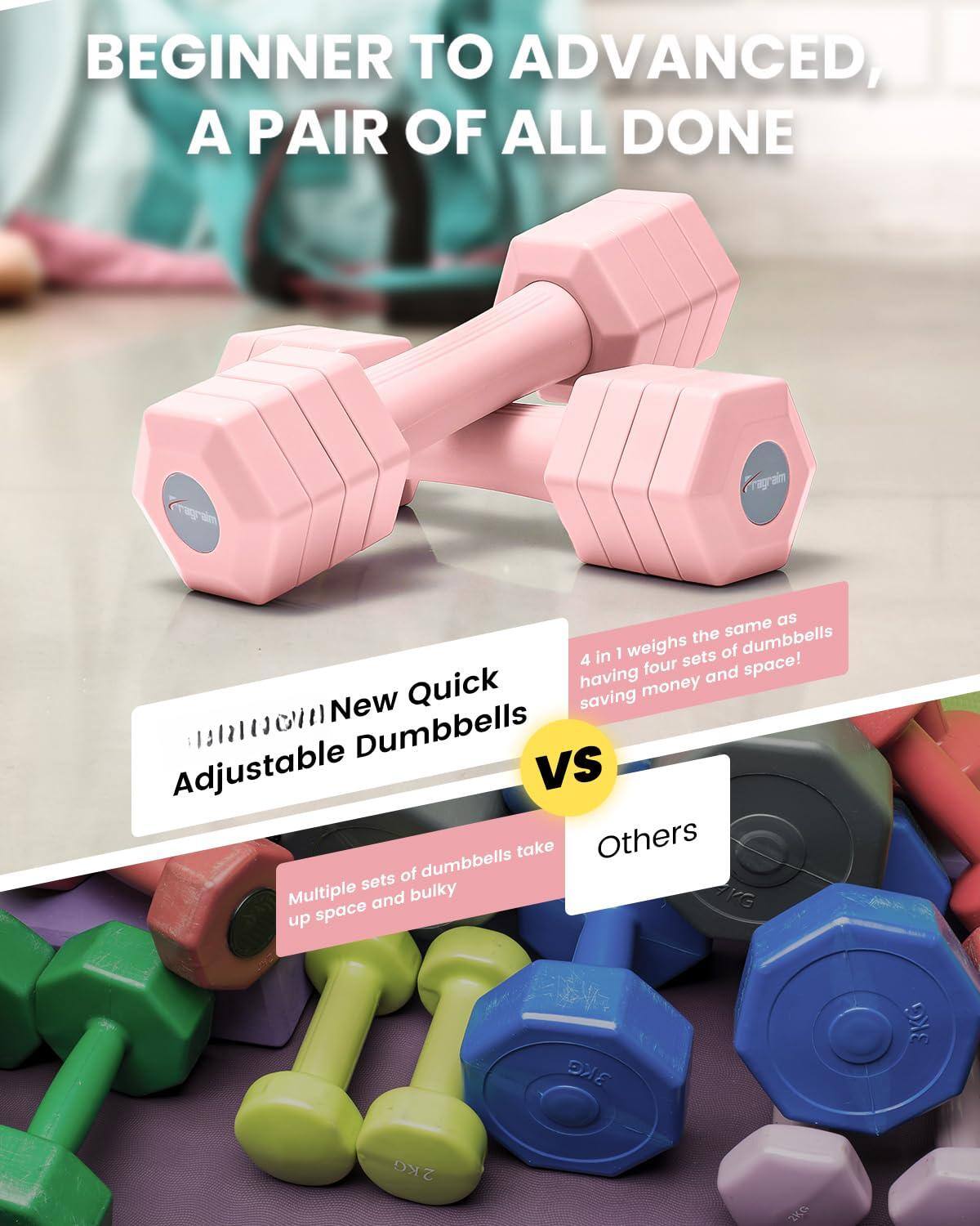 BEGINNER TO ADVANCED, A PAIR OF ALL DONE

New Quick Adjustable Dumbbells

4 in 1 weighs the same as having four sets of dumbbells saving money and space!

VS

Others

Multiple sets of dumbbells take up space and bulky