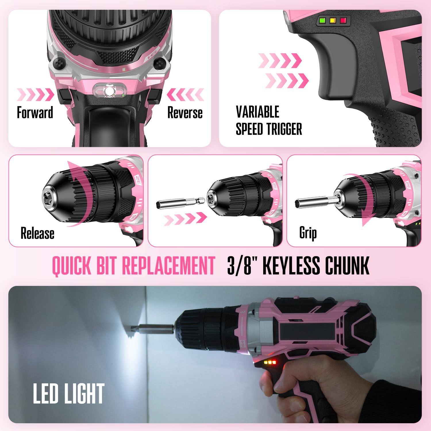 - Forward
- Reverse
- Variable Speed Trigger
- Release Grip
- Quick Bit Replacement
- 3/8" Keyless Chunk
- LED Light