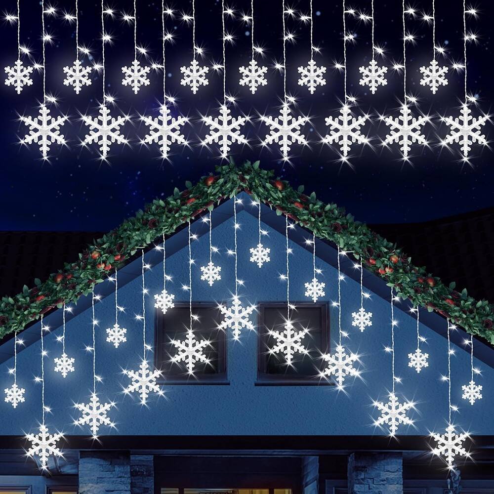 Alt View 3. MOSZAR LLC - Snowflake Curtain Lights – 288 LEDs, 24 Drops, Cool White.