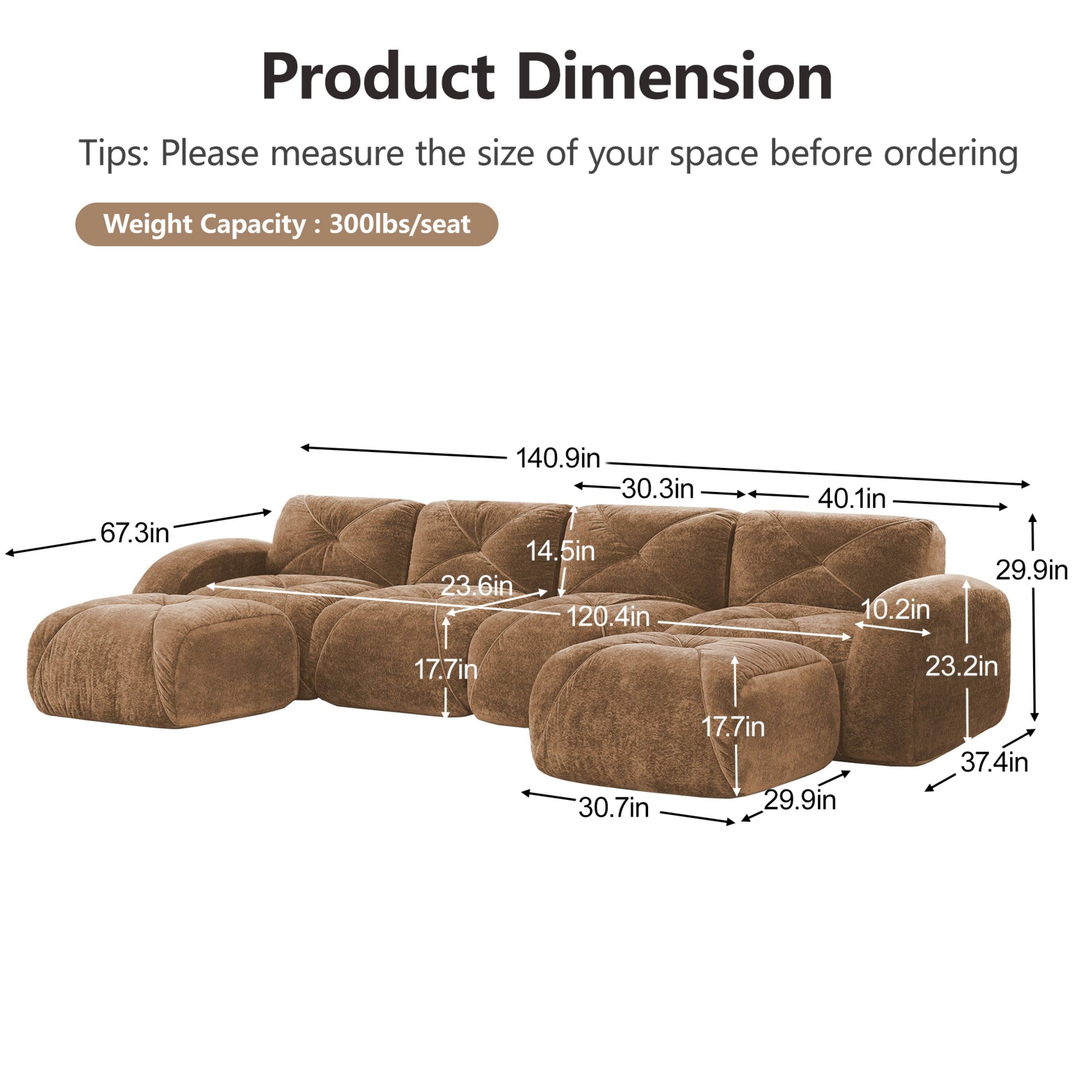 Product Dimension  
Tips: Please measure the size of your space before ordering  
Weight Capacity: 300lbs/seat  

67.3in  
140.9in  
30.3in  
14.5in  
23.6in  
120.4in  
40.1in  
10.2in  
29.9in  
17.7in  
23.2in  
30.7in  
17.7in  
29.9in  
37.4in