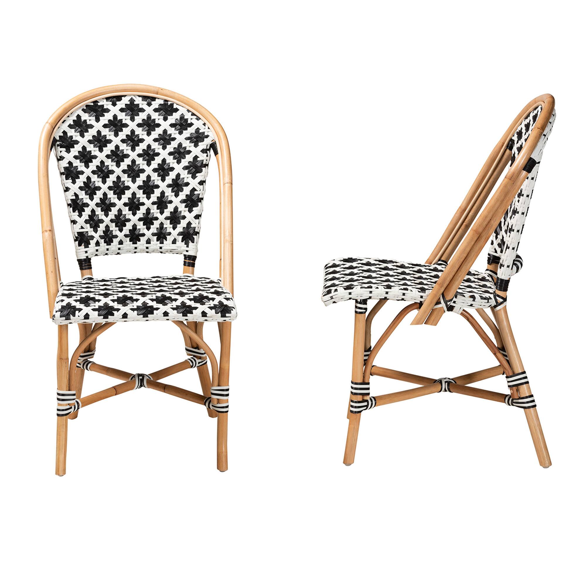 Left. bali & pari - Ambre Modern French and Weaving Natural Rattan 2-Piece Bistro Chair Set - Black/White/Natural Brown.