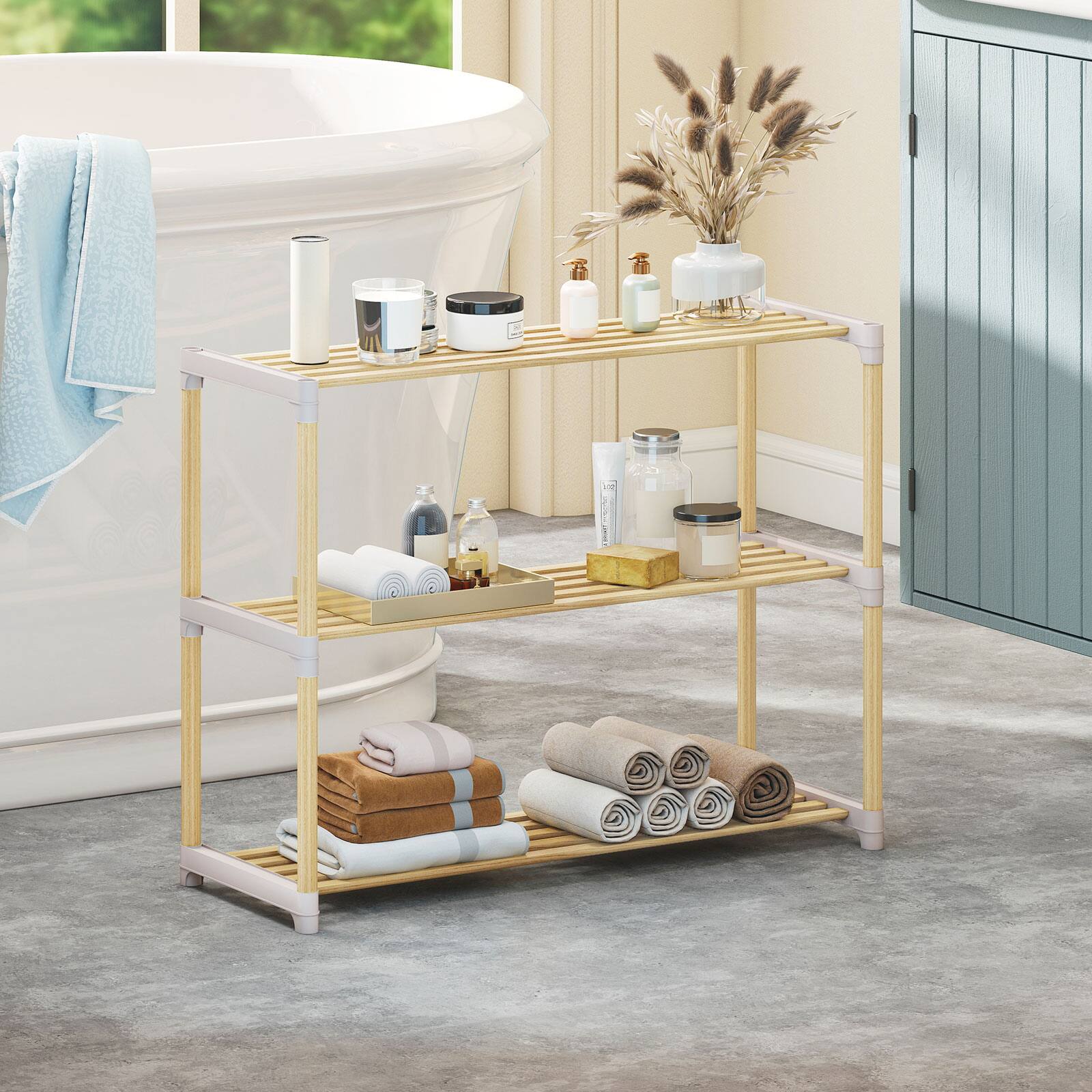 Alt View 5. Costway - Costway 3-Tier Solid Wood Shoe Shelf Stand with Slatted Open Shelves for Entryway, Closet - Natural,Gray.