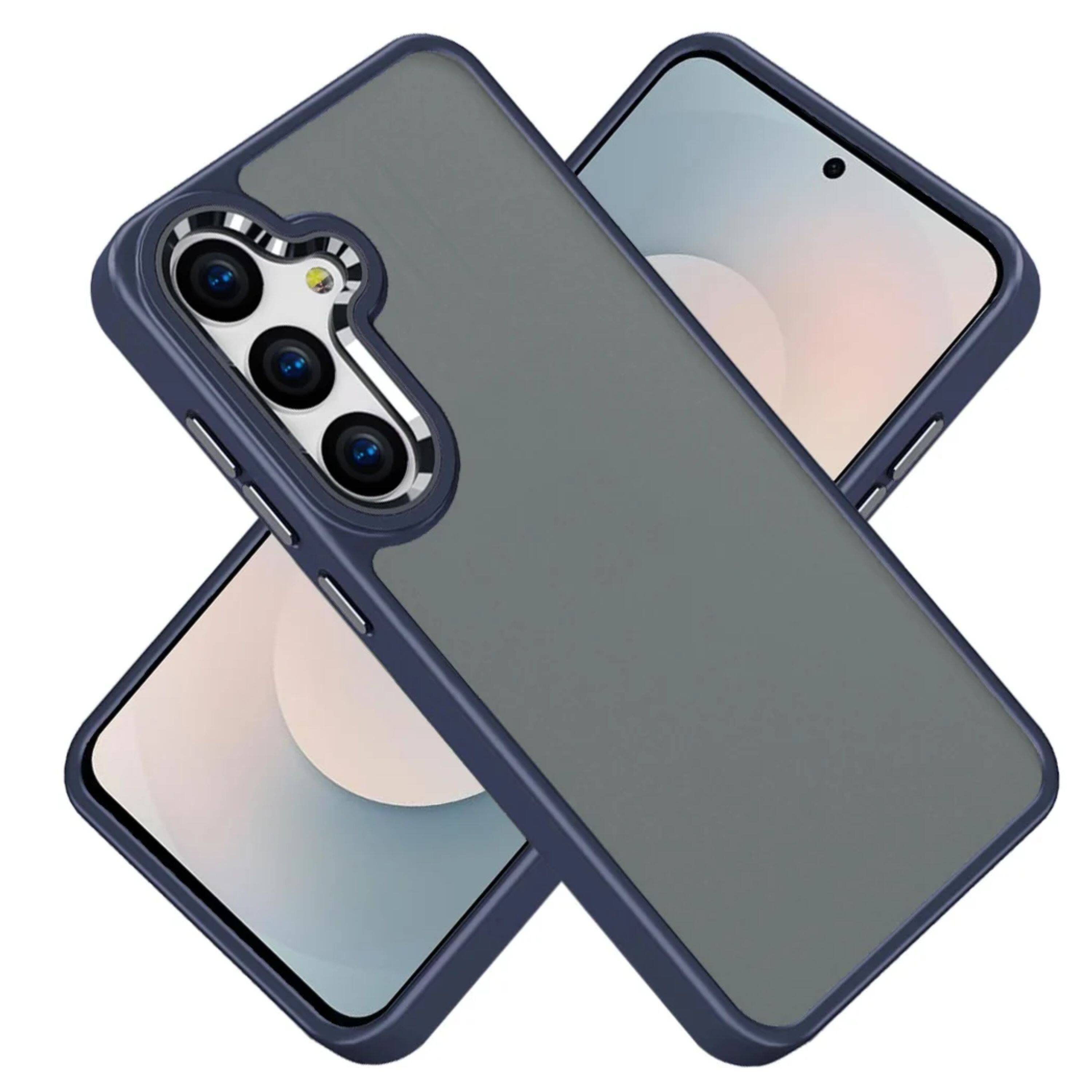 Left. Kitcheniva - Rubberized Thick Acrylic Metal Buttons Phone Case With Tempered Glass For Samsung Galaxy S25 FE Dark Blue - Dark Blue.
