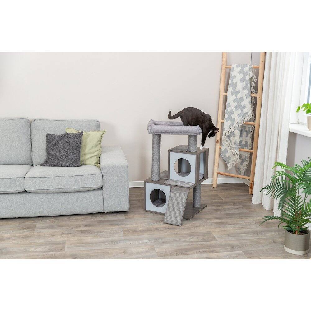 Angle. TRIXIE - Mali Sisal & Wood 34" Cat Tree with Scratching Posts & Pads, Condos, Ramp - Gray.
