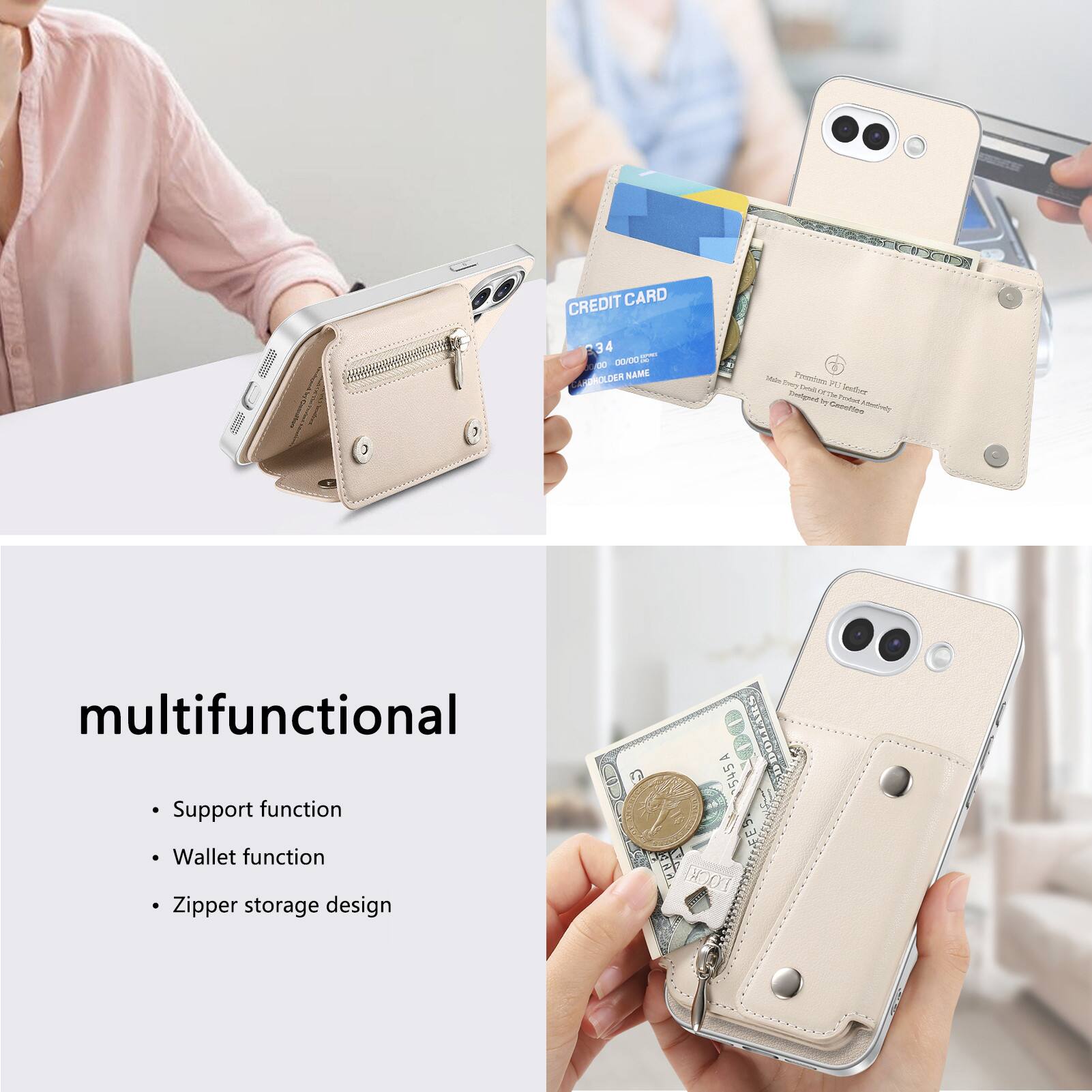 PRESSER  
CREDIT CARD 34 00 00/00.16% ARDHOLDER NAME  
Mon Premium Deal 213 Designed The lenther Perfors - Caseffee  
multifunctional  
Support function  
Wallet function  
Zipper storage design