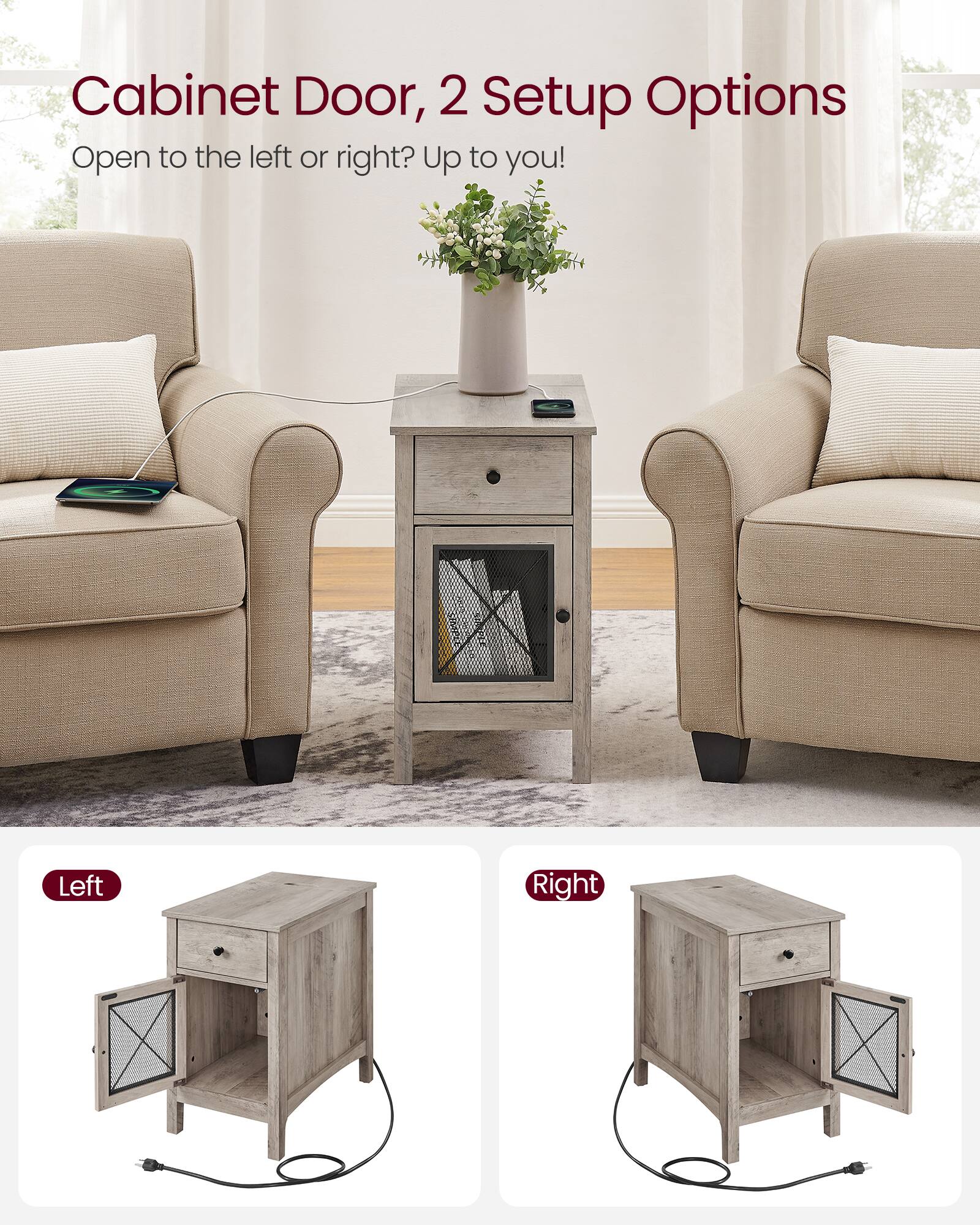 Cabinet Door, 2 Setup Options  
Open to the left or right? Up to you!  

Left  
Right