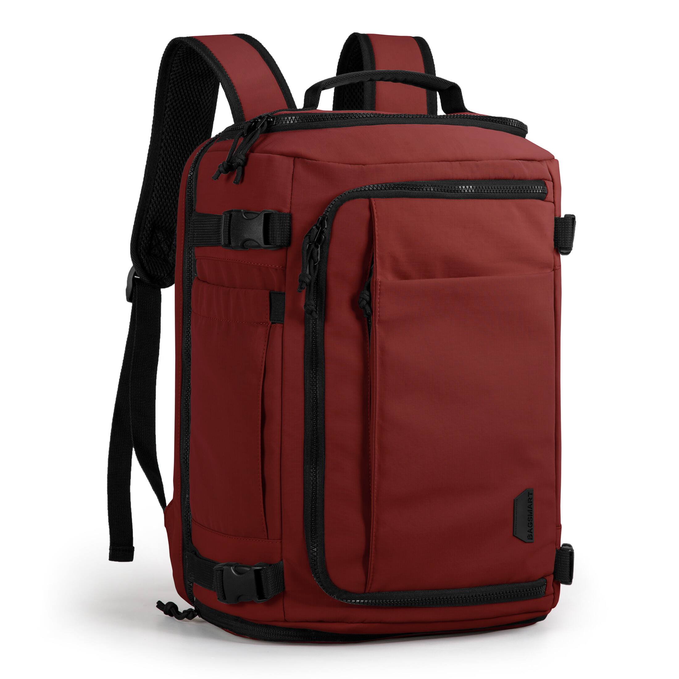 Left. Bagsmart - Blast 38L Expandable Travel Backpack, Flight Approved Carry On Laptop Backpack with USB Port for Men Women - Brick Red.
