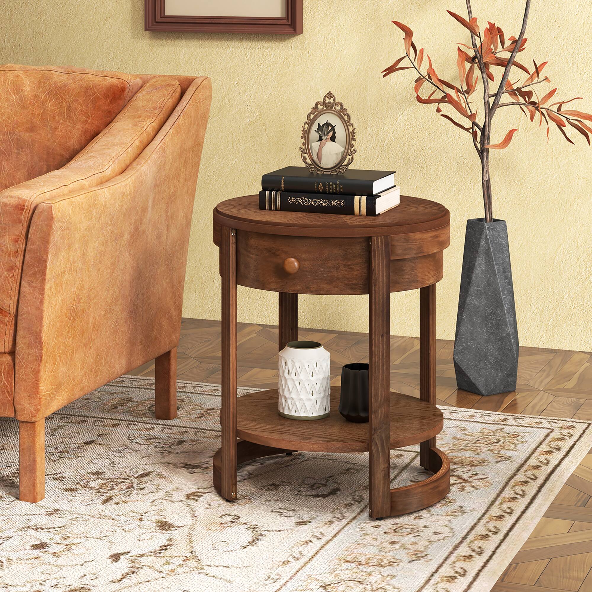 Alt View 1. Gymax - Gymax 2-Tier Nightstand w/ Shelf & Wood Grains Drawer Round End Table for Living Room - Brown.