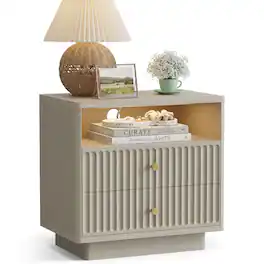 paproos - 23'' Fluted Nightstand with Charging Station, Modern Bedside Table with Motion Sensor LED Light & 2-Drawer - Beige Gray