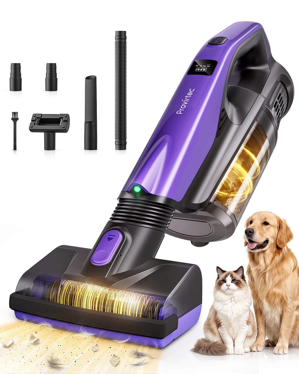 Provirtec - VC803 Pet Hair Eraser Cordless Handheld Vacuum, 12kPa Suction, Motorized Brush, Green LED, 33-Min Runtime, HEPA Filter - Purple