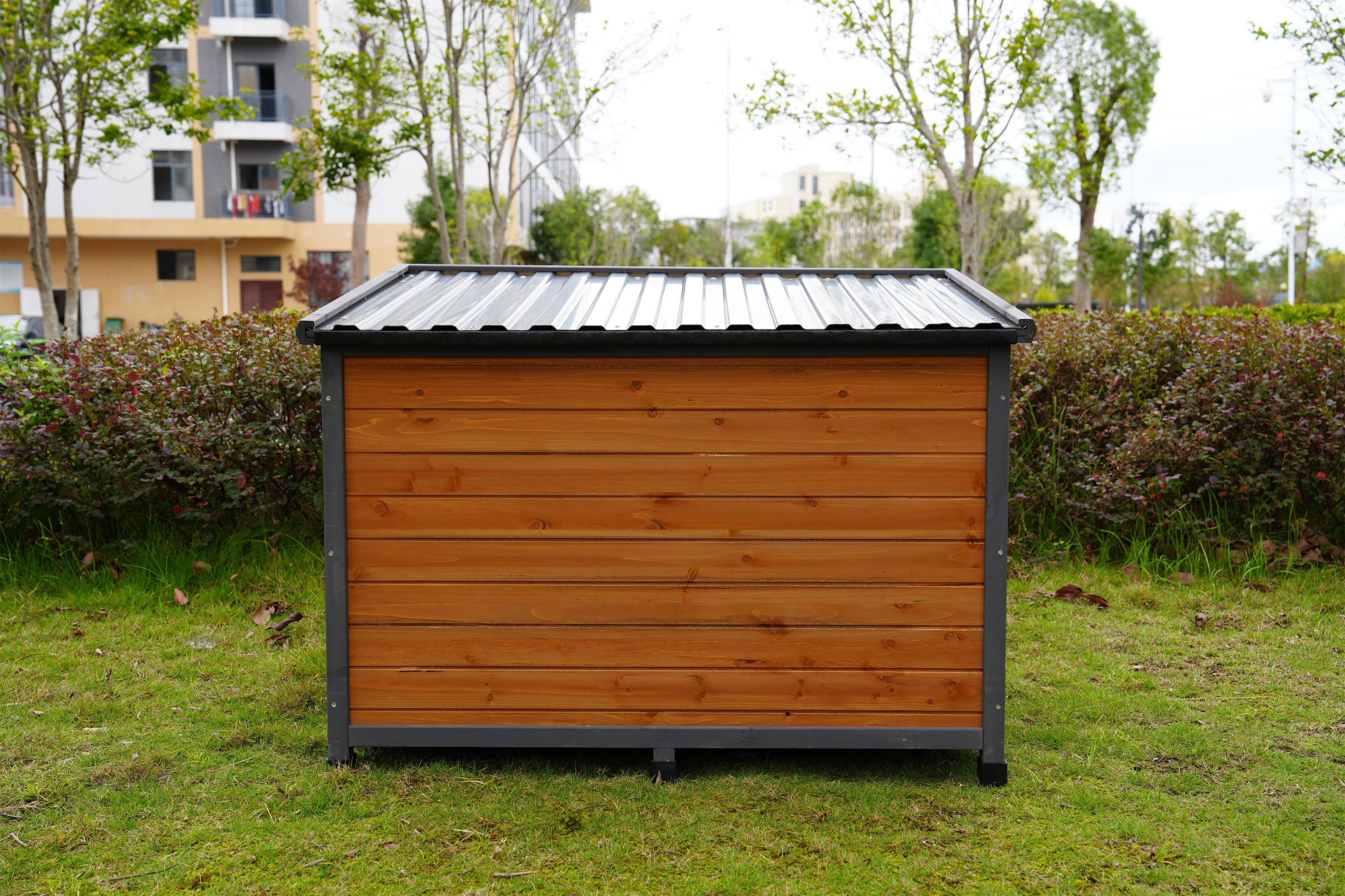 Alt View 4. Siljoy - 45" Solid Wood Dog House, Large PVC Waterproof Roof & Lockable Door, Elevated Floor for Big Dogs.