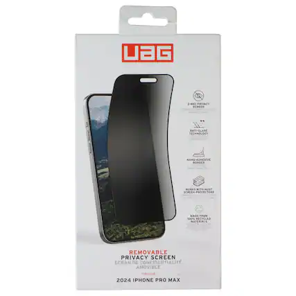 UAG 2-WAY PRIVACY SCREEN
ECRAN DE CONFIDENTIALITÉ BIDIRECTIONNEL
ANTI-GLARE TECHNOLOGY
TECHNOLOGIE ANTIREFLET
NANO-ADHESIVE BORDER
BORDURI NANO-ADHESIVE
WORKS WITH MOST SCREEN PROTECTORS
COMPATIBLE AVEC LA PLUPART DES PROTECTIONS
MADE FROM 100% RECYCLED MATERIALS
FABRIQUÉ A PARTIR DE 100% MATÉRIAUX RECYCLES
REMOVABLE PRIVACY SCREEN
ECRAN DE CONFIDENTIALITÉ AMOVIBLE
FOR 2024 IPHONE PRO MAX