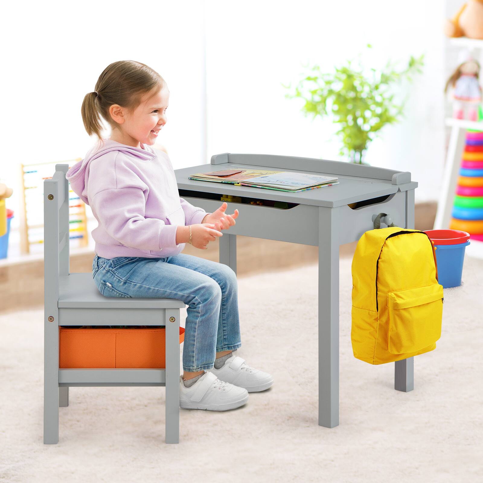 Alt View 4. Gymax - Gymax Kids Table and Chair Set Wood Activity Study Desk w/ Storage Drawer Hook Grey - Grey.