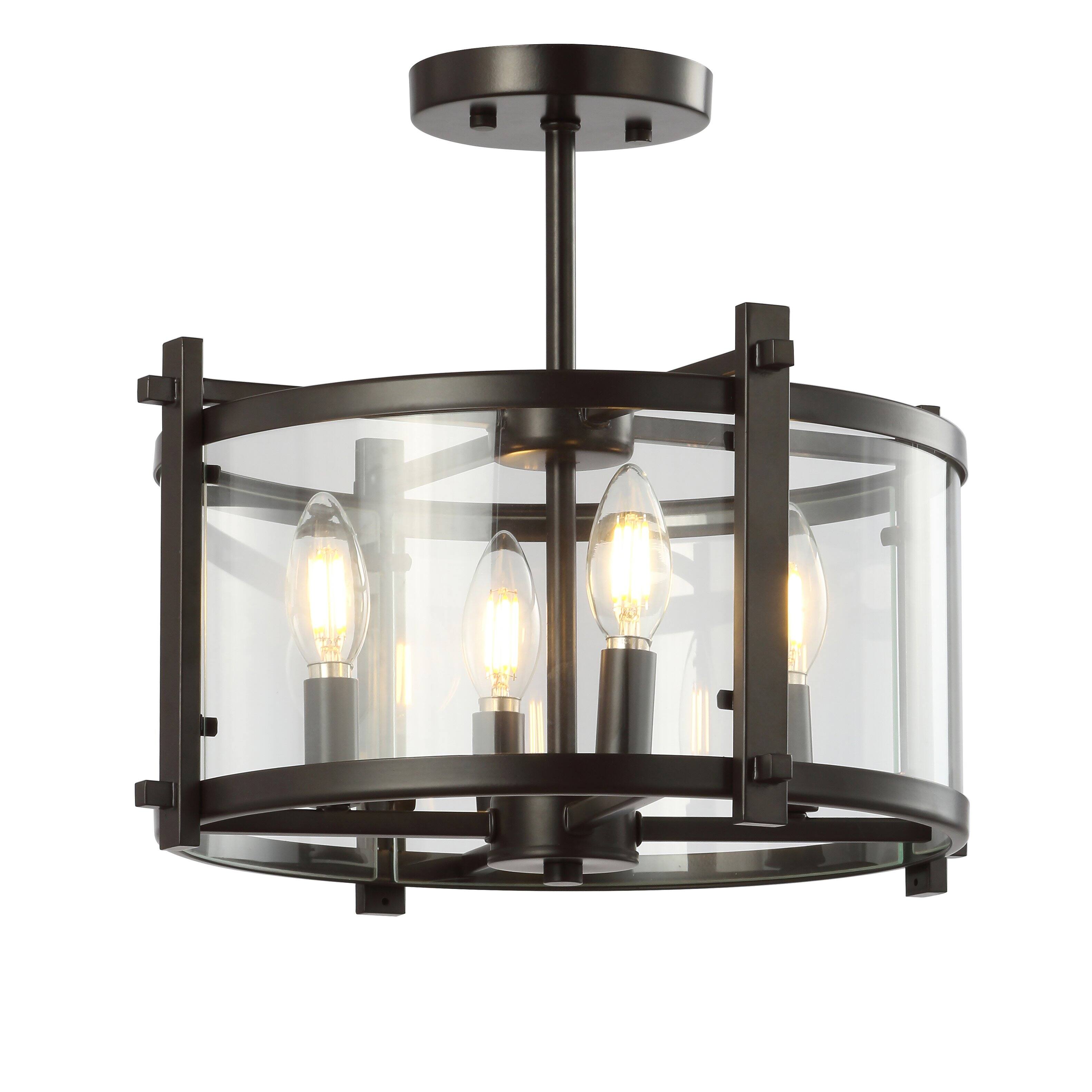 Front. Jonathan Y - Hampdon 15" Iron/Glass Modern Drum LED Flush Mount, Oil Rubbed Bronze - Oil Rubbed Bronze/Clear.