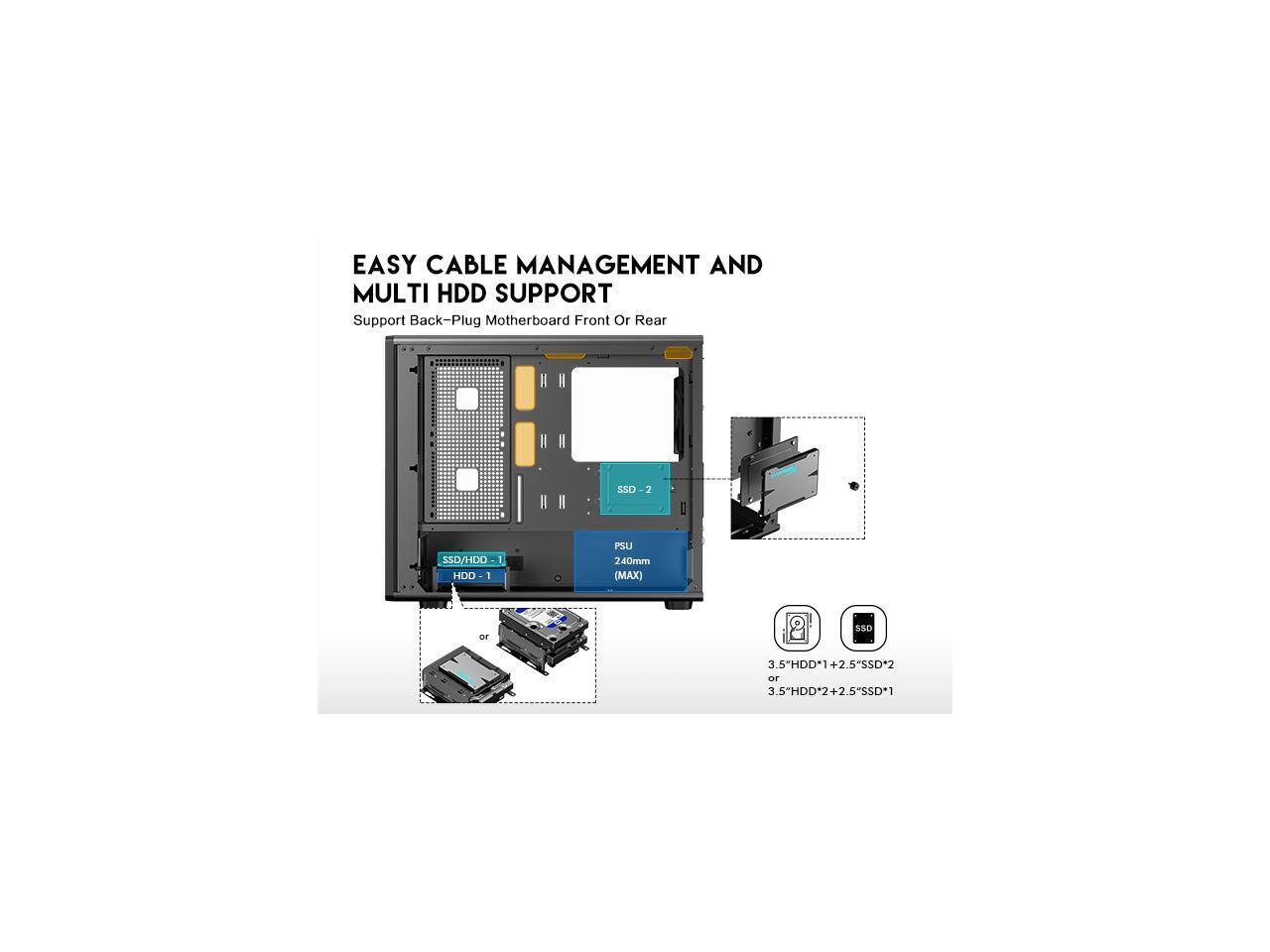 EASY CABLE MANAGEMENT AND MULTI HDD SUPPORT  
Support Back-Plug Motherboard Front Or Rear  

SSD/HDD - 1  
HDD - 1  

PSU 240mm (MAX)  

3.5" HDD1 + 2.5" SSD2  
or  
3.5" HDD2 + 2.5" SSD1