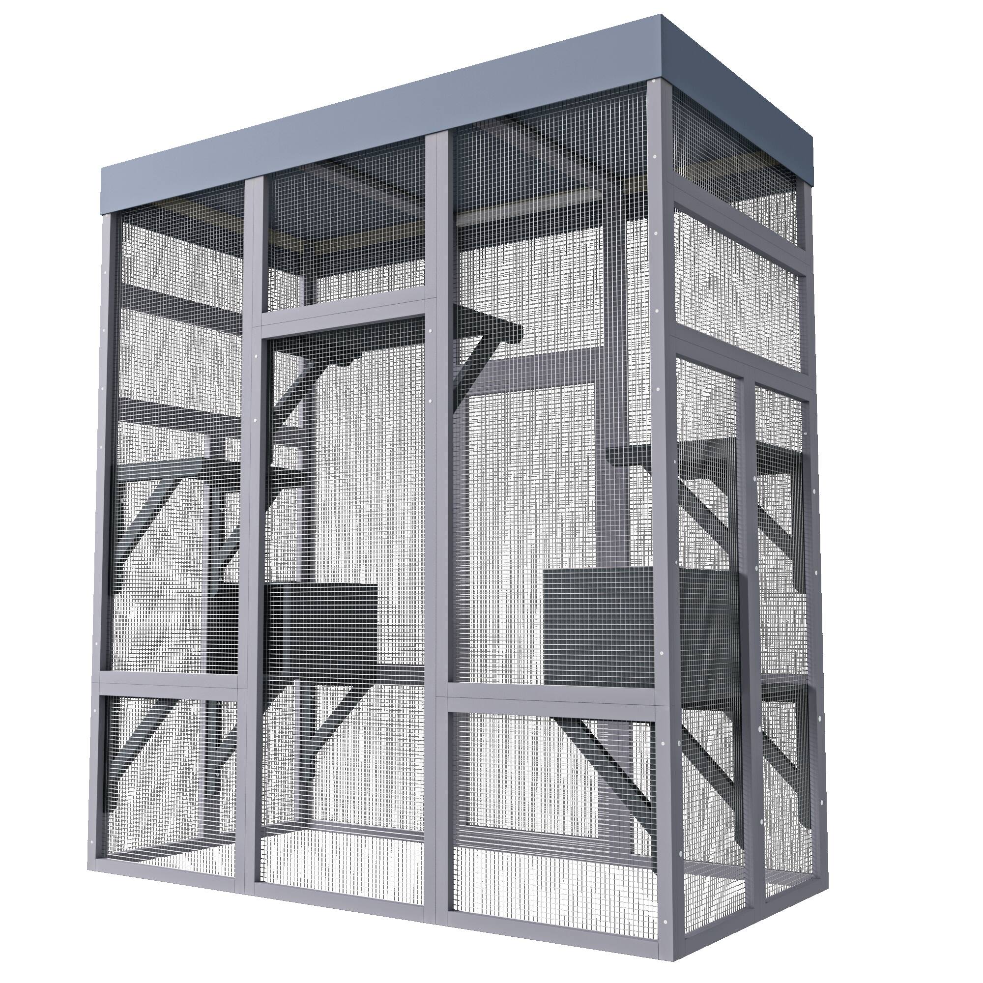 Back. Siljoy - 62.6" Outdoor Catio with Waterproof Roof, 2 Napping Houses, Platforms & Galvanized Mesh Cat House.