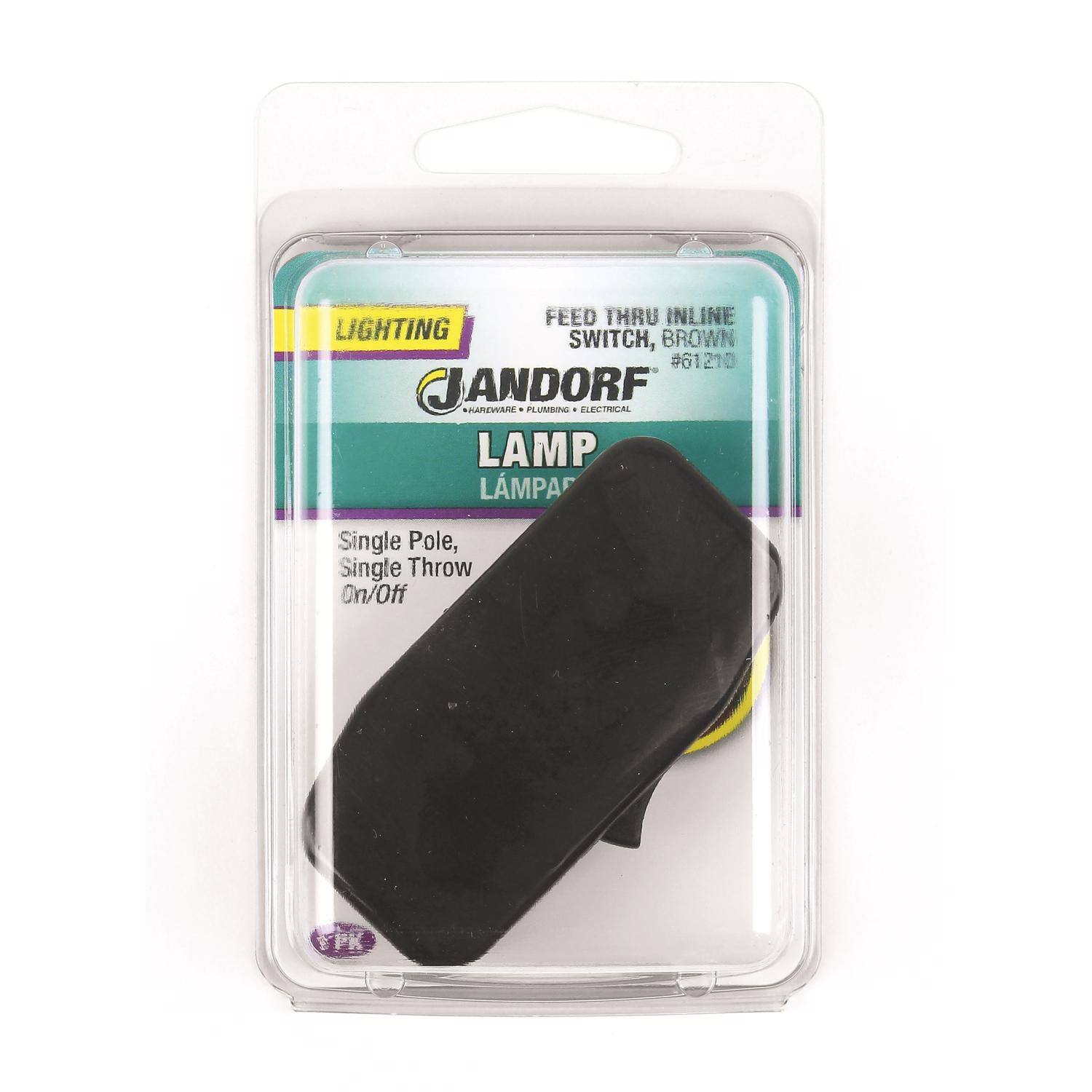 FEED THRU INLINE SWITCH, BROWN  
#61210  
JANDORF  
LAMP  
Single Pole, Single Throw On/Off  

LIGHTING  
JANDORF  
LAMP  
Single Pole, Single Throw On/Off