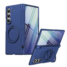 Dteck - for Samsung Galaxy Z Fold6 Matte Hard PC Case,Shockproof Hinge Cover with Ring Stand+Stylus Bulit in Tempered Glass Film - Blue